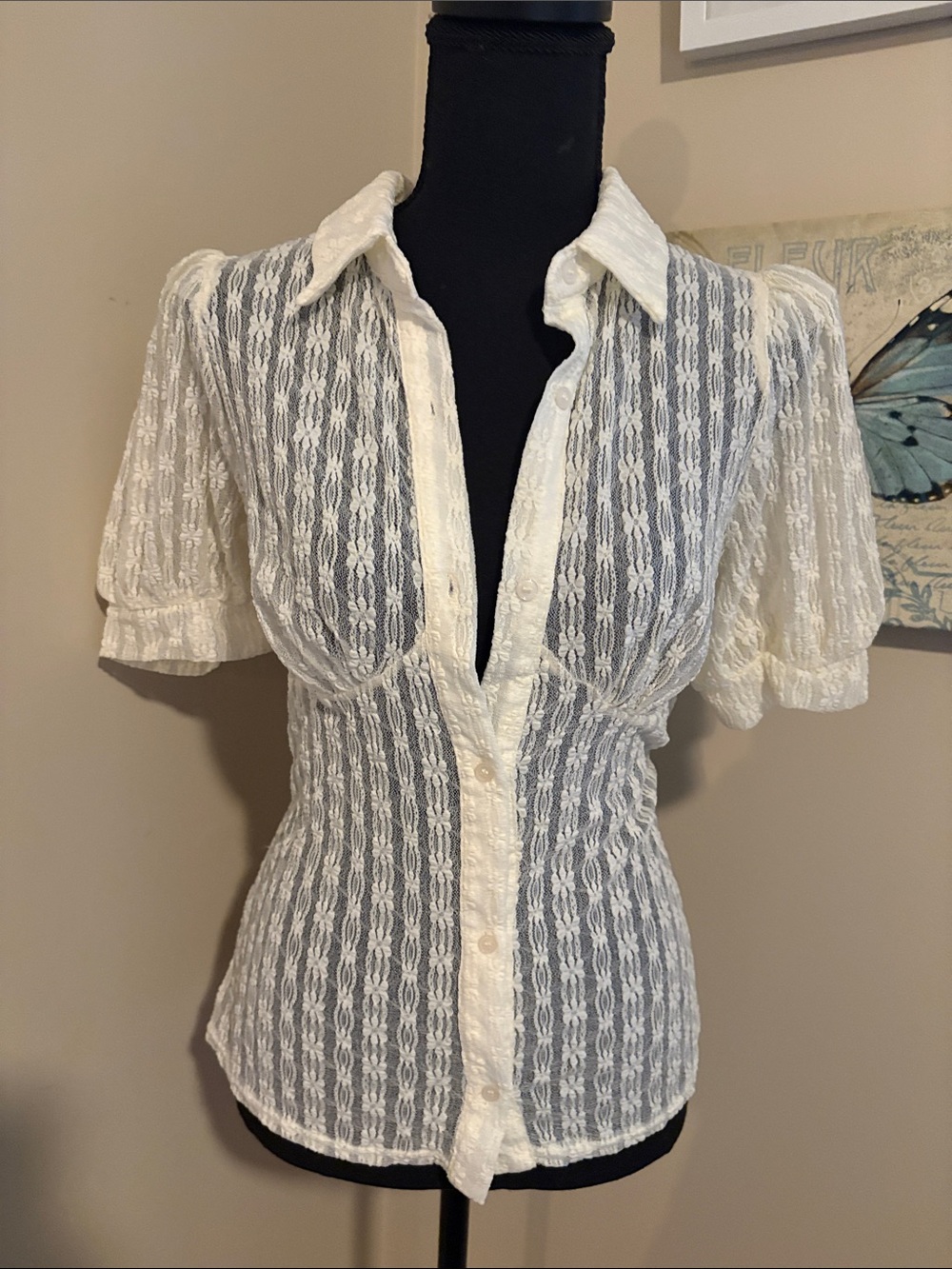 Vici White Sheer Lace Button-Down Blouse